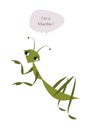 Cute mantis isolated on white background and speech balloon