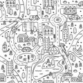 Cute map of a small town with roads, cars, houses and a river. Seamless pattern. Royalty Free Stock Photo