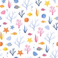 Cute marine pattern with colorful seaweed, fish and shells on a white background Royalty Free Stock Photo