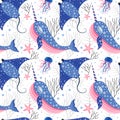 Cute Marine Pattern with Narwhal and Stingray