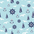 Cute Marine Pattern, Nautical Seamless Pattern, Anchors, Boat, Steering Wheel On Blue Background