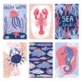 Cute marine posters, fish doodles. Simple starfish from north sea, beach crabs, ocean life summer travel. Childish