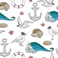 Cute marine vector seamless pattern. Cartoon colored anchor, lifebuoy, seagull, starfish, stones and water wave isolated on white Royalty Free Stock Photo