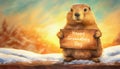 Cute marmot holding a wooden board with the text Happy Groundhog day. Funny woodchuck forecaster with a banner predicts the