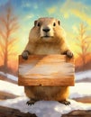 Cute marmot painting as holding a wood board with copy space for the Groundhog day advertising. Funny woodchuck forecaster with a Royalty Free Stock Photo