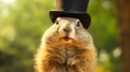 Cute marmot wearing a top hat on his head among the forest on a sunny day.