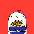 Cute marshmallow holding bowl with ramen soup hand drawn illustration