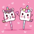 Cute marshmallow unicorn vector couple lover pony cartoon kawaii animals pastel background Valentines day gift