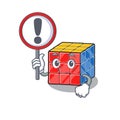 Cute mascot character style of rubic cube raised up a sign