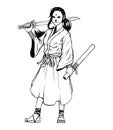 Cute Mask Samurai Girl Hand Drawn Illustration Sketch, Isolated Vector