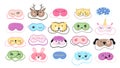 Cute masks for dreaming set vector. Rest relax accessories for night collection. Sleepy mask with eyes, animals face and