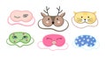 Cute masks for dreaming set vector. Rest relax accessories for night collection. Sleepy mask with eyes, animals face and