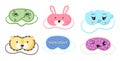 Cute masks for dreaming set vector. Rest relax accessories for night collection. Sleepy mask with eyes, animals face and