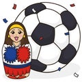 Cute Matryoshka Doll like a Cheerleader and Soccer Ball, Vector Illustration