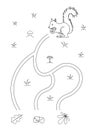 Cute maze for children. Help squirrel to find nut. Kids learning games. Black and white, line art. Activity page for the