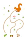 Cute maze for children. Help squirrel to find nut. Kids learning games. Colorful. Activity page for the little ones.