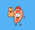 Cute meat people as courier delivery carry pile of box parcel package with smile and thumbs up cartoon character mascot