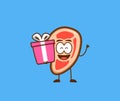 Cute meat people give present gift with gorgeous happy smile vector character cartoon mascot illustration