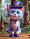 Cute medieval blue purple witch cat with crystal necklace 3d cartoon at the forest Leonardo AI Computer Generated Royalty Free Stock Photo