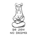 Cute meditating furry llama. Vector cartoon illustration on a white background with motivational lettering.