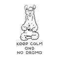 Cute meditating furry llama. Vector cartoon illustration on a white background with motivational lettering.