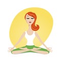 Cute meditating girl in cartoon style.