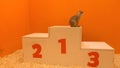 Cute meercat sitting at first place on a victory podium against orange background Royalty Free Stock Photo