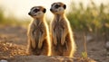 Cute meerkat family standing, watching, alert in Africa generated by AI Royalty Free Stock Photo