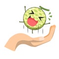 Cute melon character jumps on the hand isolated on white background. Melon character emoticon illustration