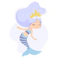 Cute Mermaid Adorable Child Character Watercolor Art. Sea Underwater Woman Beauty Adorable Mythical Nymph in Crown Royalty Free Stock Photo