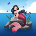 Cute mermaid with black hair and pink tail sitting on stone. Hand drawn cartoon illustration.  on white. Royalty Free Stock Photo