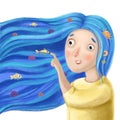 Cute mermaid with blue hair cartoon portrait, watercolor style illustration, marine clipart