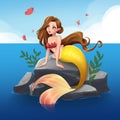Cute mermaid with brown hair and golden tail sitting on stone. Hand drawn cartoon illustration.  on white. Royalty Free Stock Photo