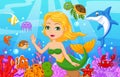 Cute mermaid cartoon with fish collection set Royalty Free Stock Photo