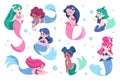 Cute mermaid. Cartoon sea princess with fish tail. Happy marine girl for kids illustration. Isolated undines swimming