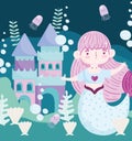 Cute Mermaid castle shells jellyfishes bubbles cartoon