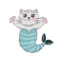 Cute mermaid cat. Cartoon illustration of a little kitten with mermaid tail isolated on a white background. Royalty Free Stock Photo