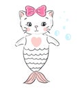 Cute mermaid cat. Cartoon illustration of a little kitten with mermaid tail isolated on a white background. Royalty Free Stock Photo