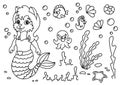 Cute mermaid cat in the underwater world. Coloring book page for kids. Cartoon style. Vector illustration isolated on white Royalty Free Stock Photo