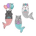 Mermaid birthday cat vector illustration set Royalty Free Stock Photo