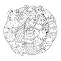 Cute mermaid cats circle shape coloring page. Doodle mandala with funny feline animals for coloring book