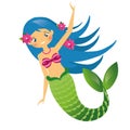 Cute Mermaid character in Cartoon Style. Blue haired undine. vector illustration Royalty Free Stock Photo