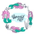 Set of beautiful mermaids with pink hair. Vector illustrations.