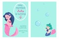 Cute mermaid. Childish invitation. Kids birthday party. Deep ocean princess. Blue marine scenery. Girl with pink fish Royalty Free Stock Photo