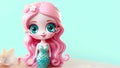 Cute mermaid doll with beautiful blue eyes and long pink hair