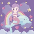 Cute mermaid with with dolphin and rainbow Royalty Free Stock Photo