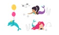 Cute Mermaid with Fish Tail and Wavy Hair with Dolphin Floating Underwater Vector Illustration Set