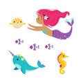 Cute Mermaid with Fish Tail and Wavy Hair Floating Underwater with Seahorse and Narwhale Vector Illustration Set