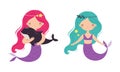 Cute Mermaid with Fish Tail and Wavy Hair Holding Dolphin Floating Underwater Vector Illustration Set