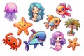 Cute mermaid, fishes, sea animals and starfish collection Royalty Free Stock Photo